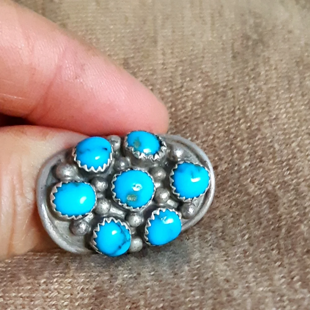 Navajo Style Sterling Turquoise Cabochon Cluster Ring Size 8.75 - Picture 3 of 16